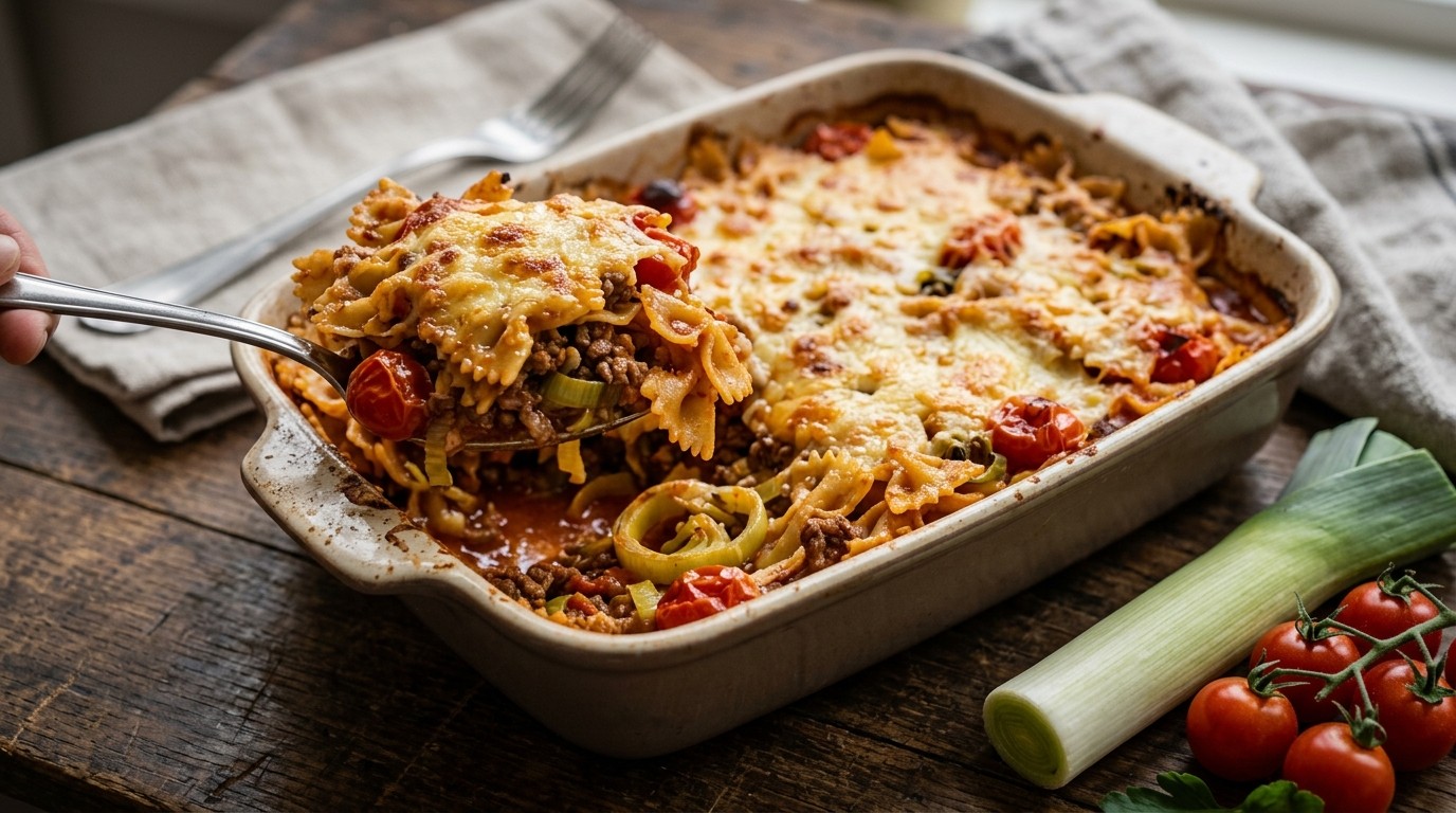 Pasta Ovenschotel met Gehakt,prei en Kaas