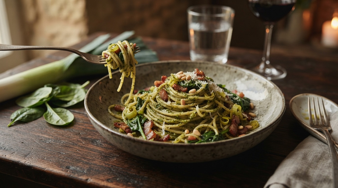 Pasta Pesto met Spekjes en Spinazie