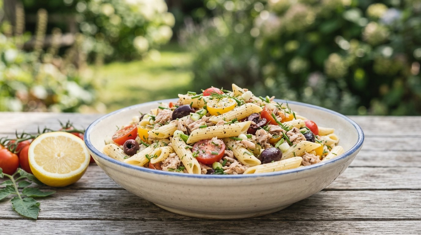 Pasta Salade met Tonijn, Olijven en Bosuitjes