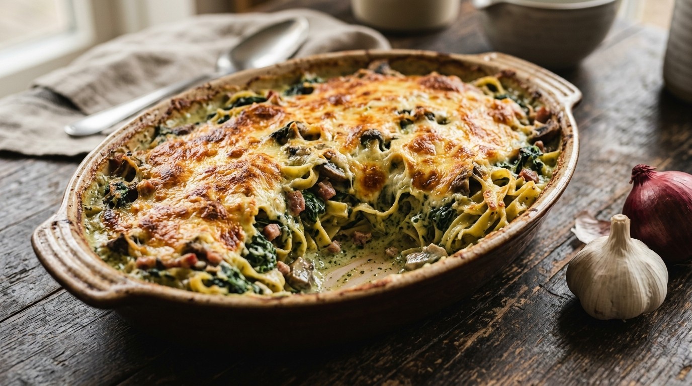Pastagratin met Spinazie en Champignons