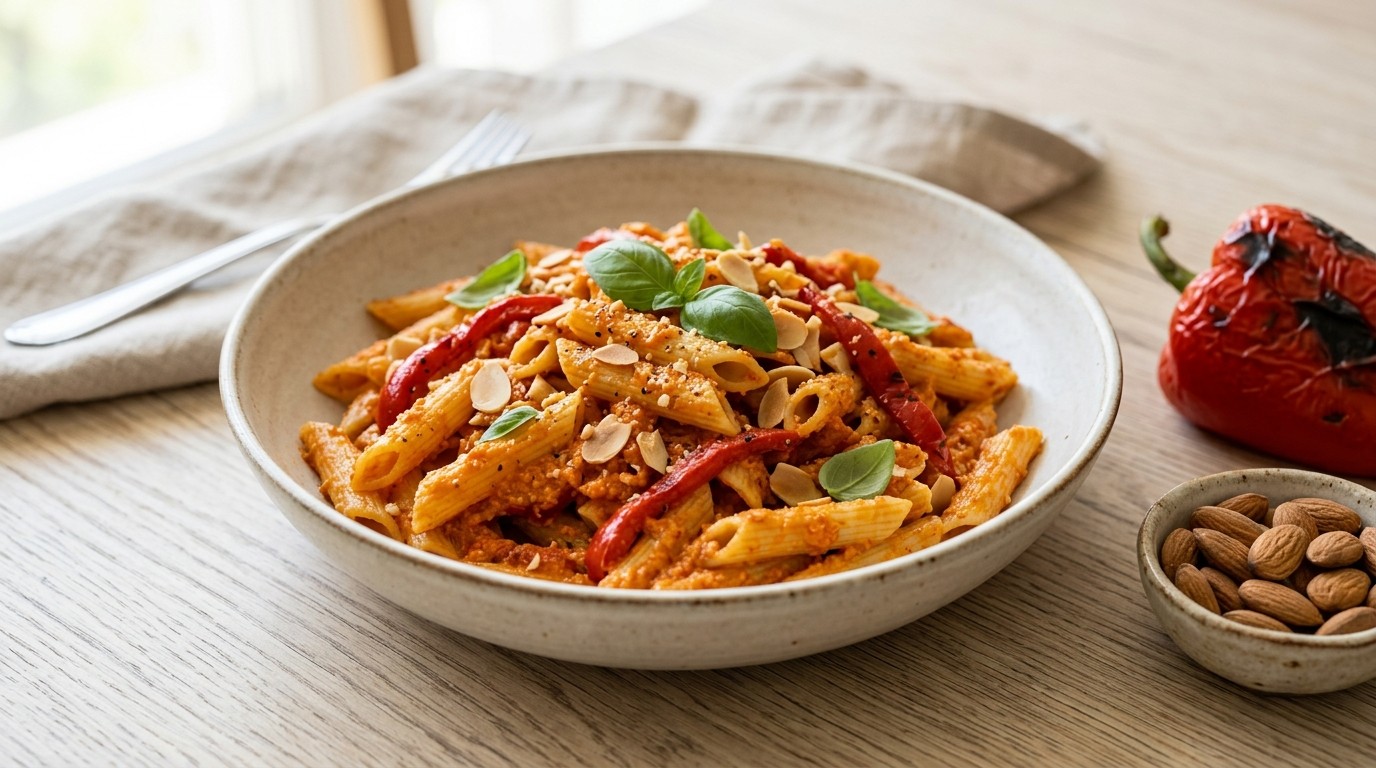 Pastasalade met Amandel-paprikasaus recept Pastasalade met Amandel-paprikasaus recept