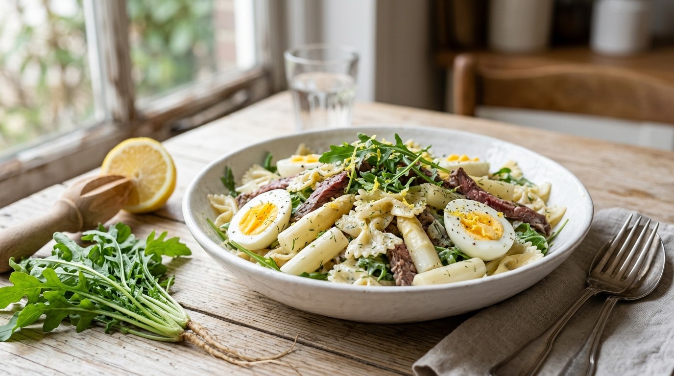 Pastasalade met ei en Asperges