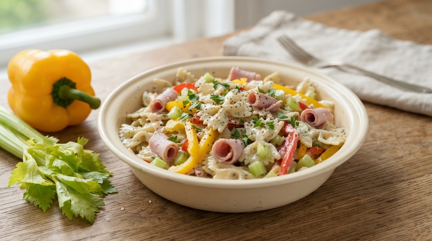 Pastasalade met Gele en Rode Paprika, ham en Bleekselderij