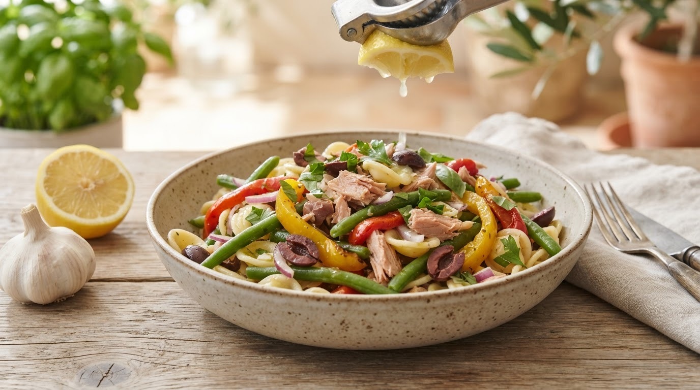 Pastasalade met Tonijn, Sperziebonen en Paprika