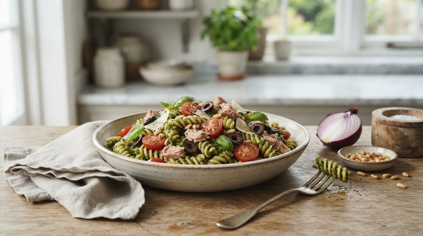 Pastasalade met Tonijn, Tomaat en Pesto