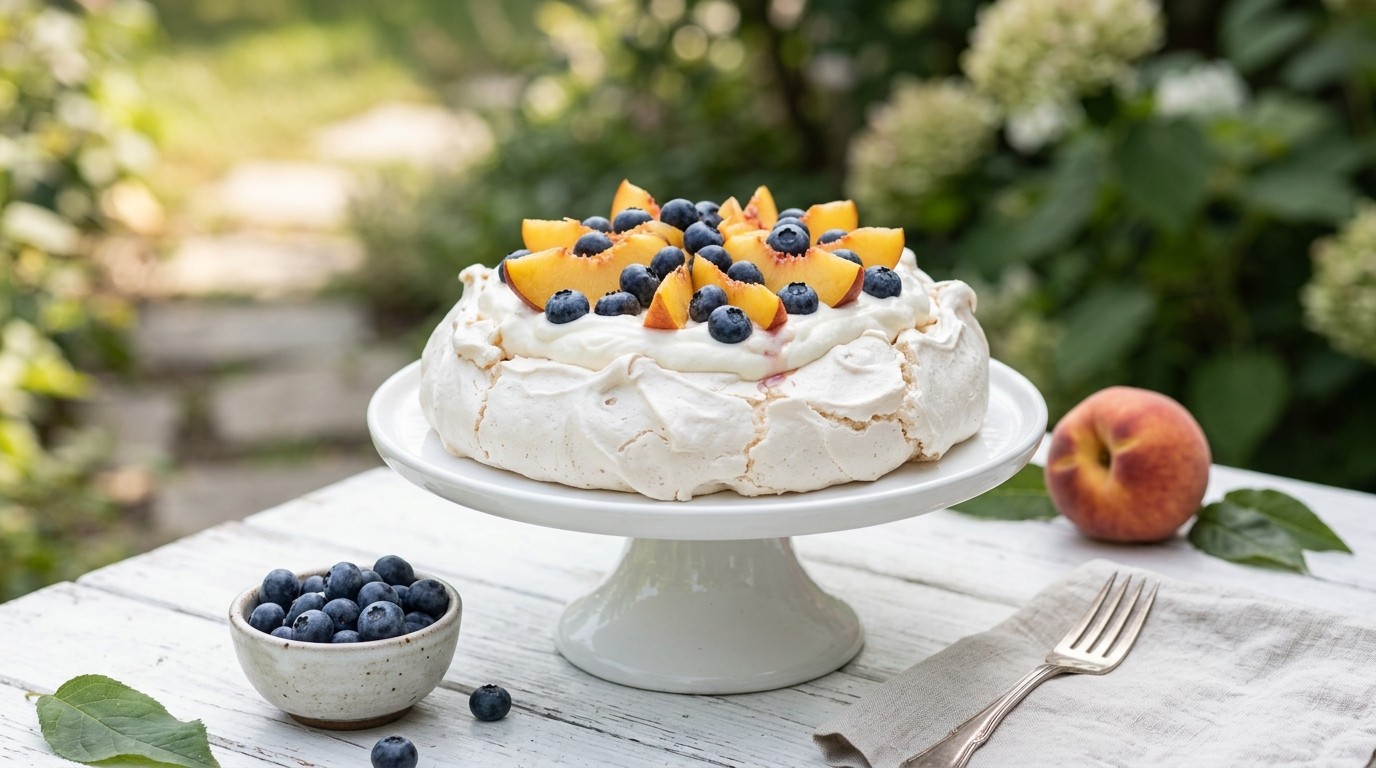 Pavlova met Perzik en Bosbessen