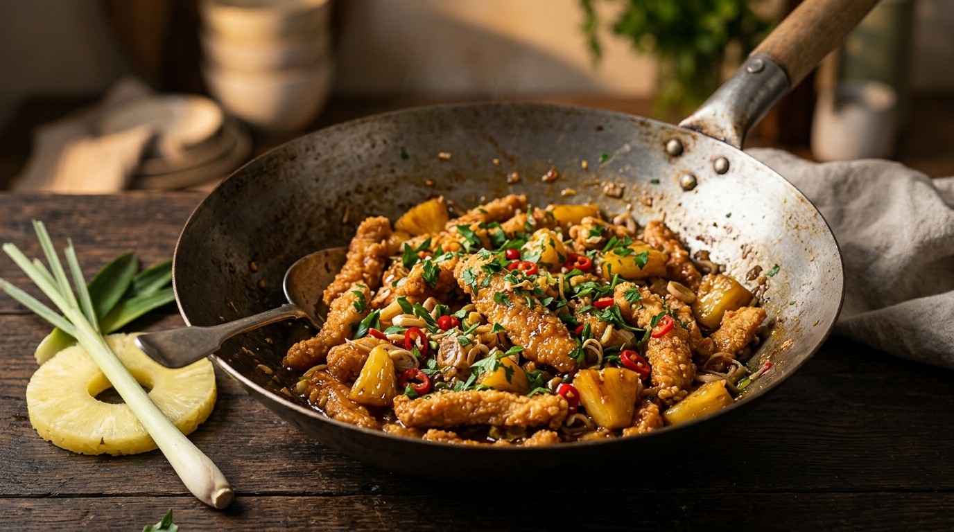 Pedis Filets Ajam Dengan Nanas (pittige Kalkoenfilet met Ananas en Peterselie)