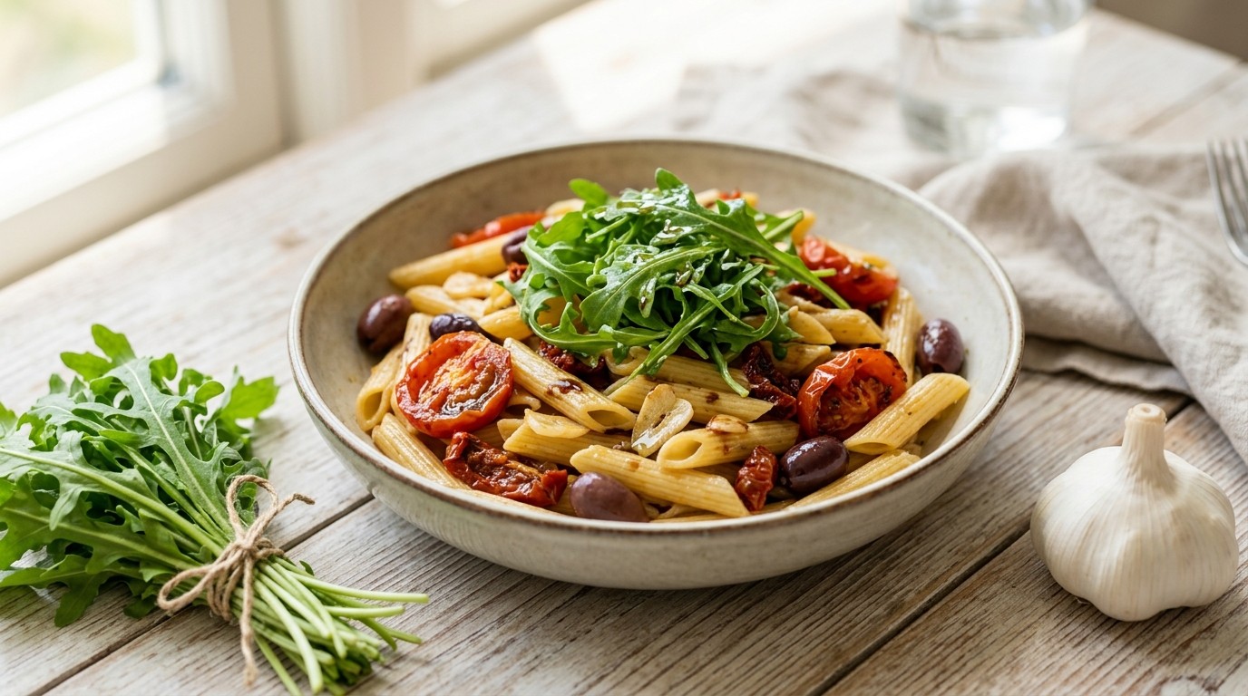 Penne met Geroosterde Tomaten, Rucola en Olijven