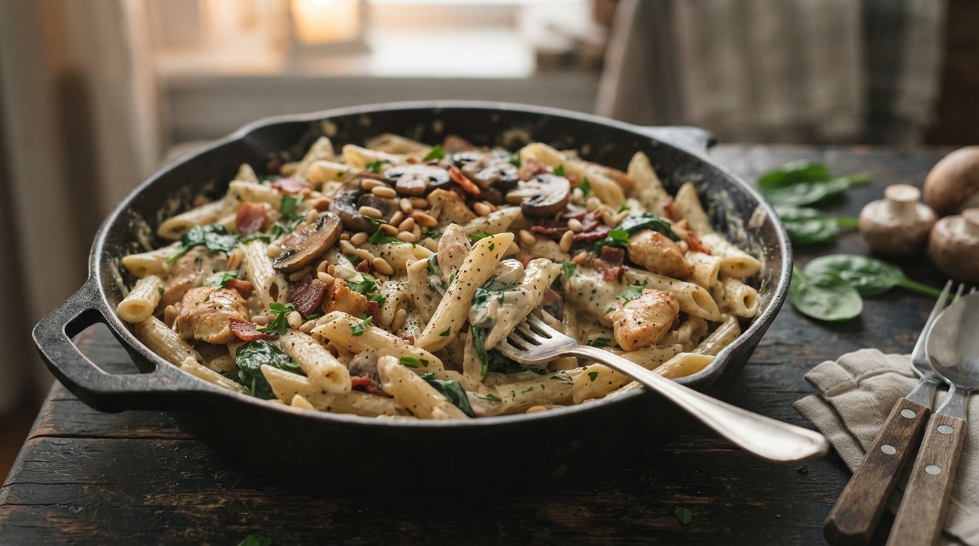 Penne met Kipfilet, Spinazie, Spekjes en Boursin