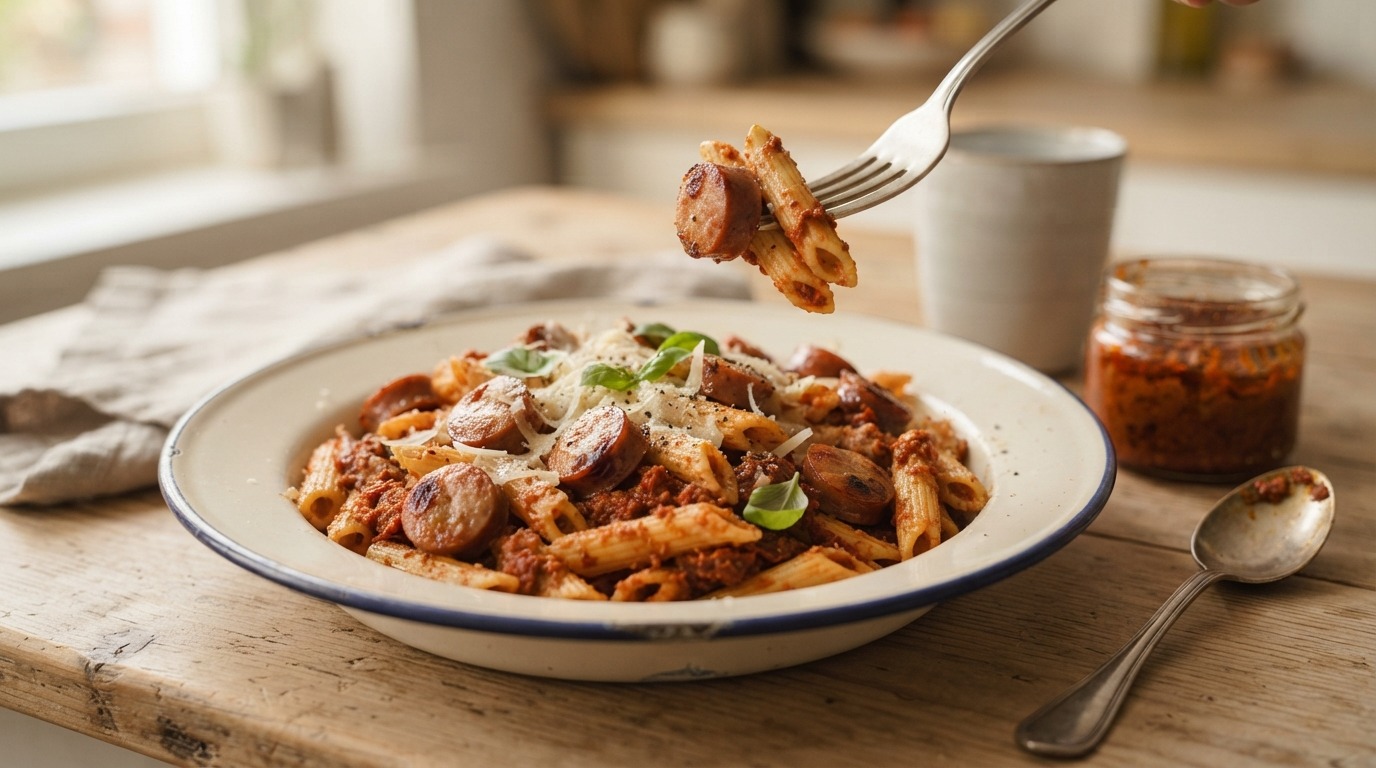 Penne met Pesto Rosso en Boomstammetjes