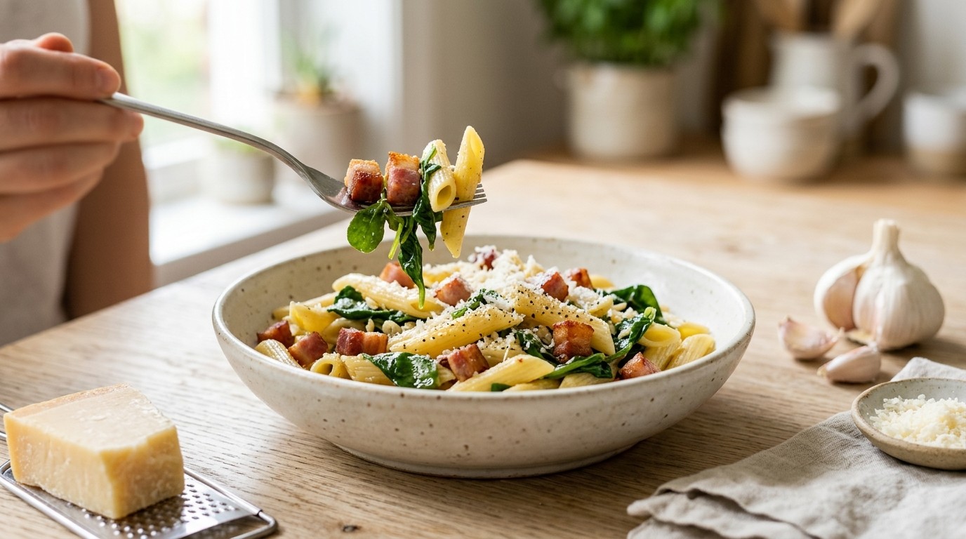 Penne met Postelein en Pancetta