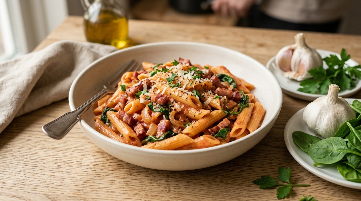 Penne met Tomaten-roomsaus en Spinazie