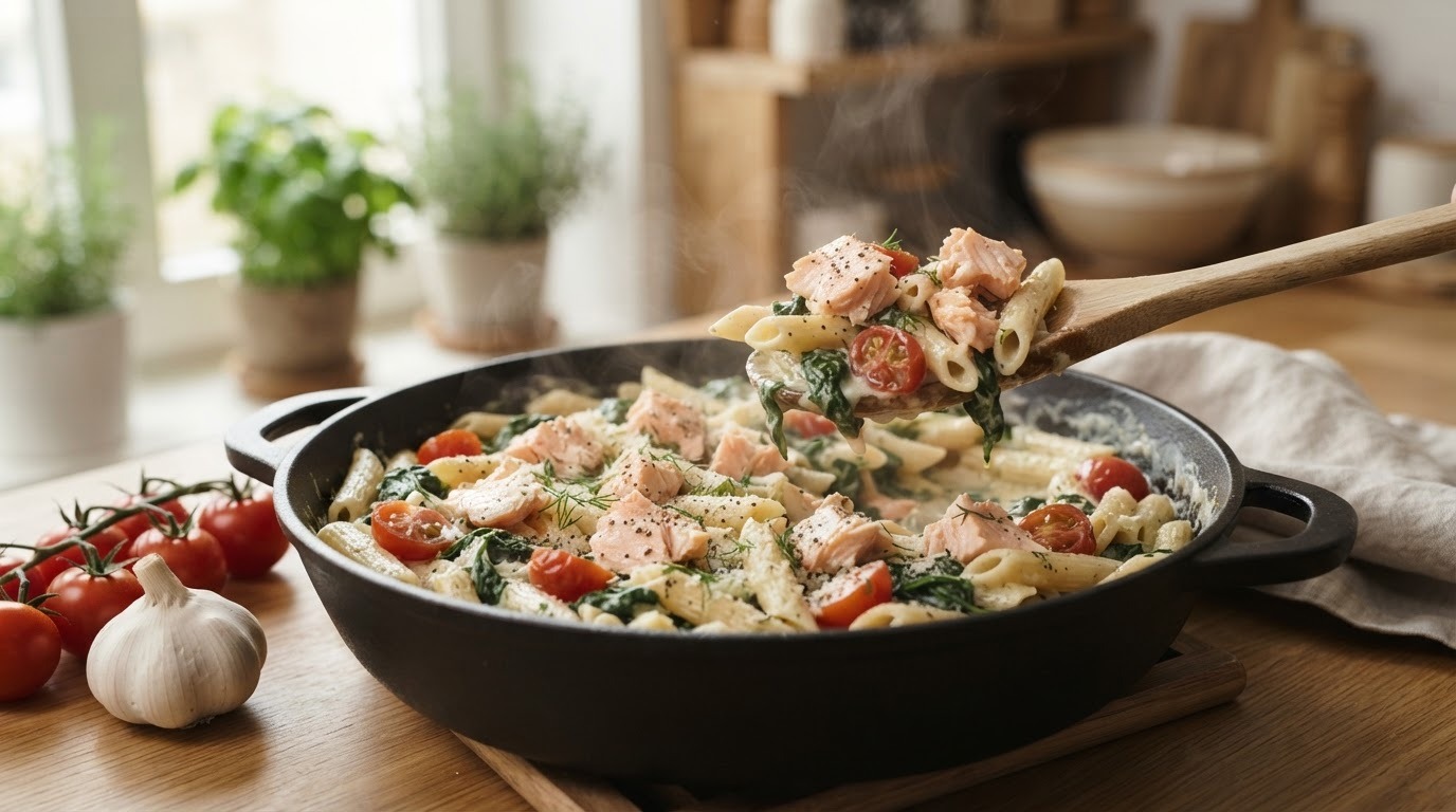 Penne met Zalm en Spinazie met Boursin