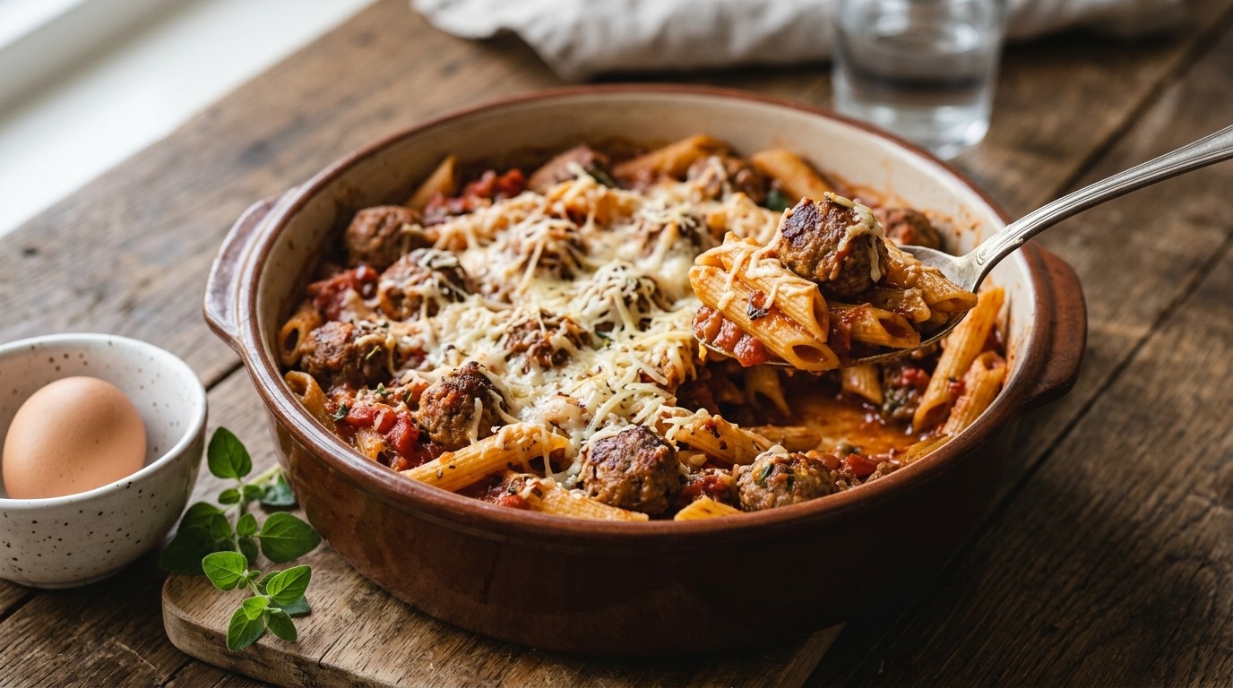 Penne Pasta met Gehaktballetjes in een Kruidige Tomatensaus
