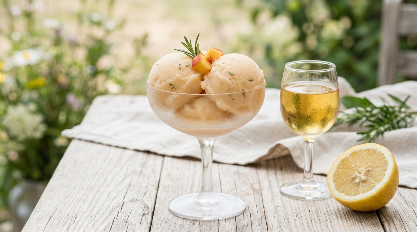 Perzik-rozemarijnsorbet met Ijskoude Dessertwijn recept Perzik-rozemarijnsorbet met Ijskoude Dessertwijn recept