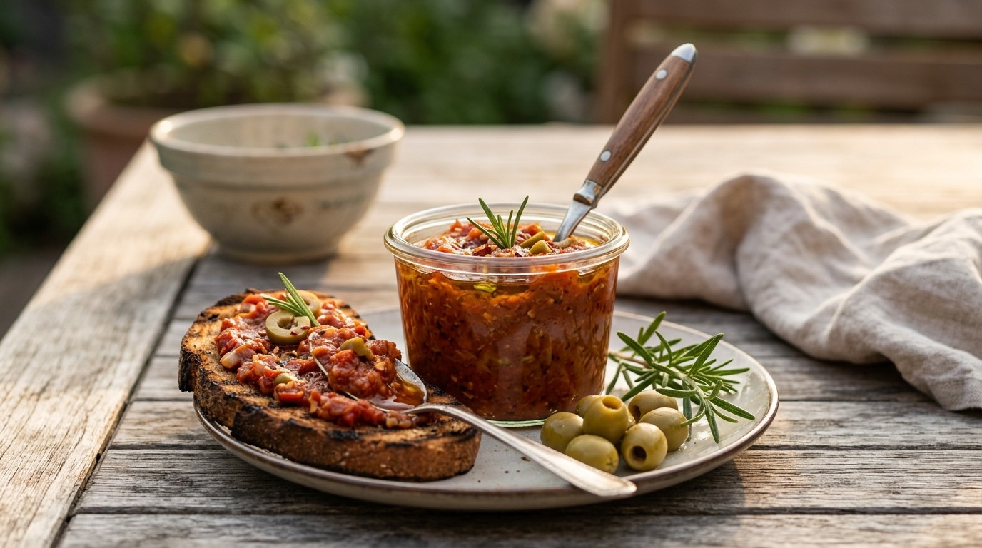 Pesto van Tomaten, Rozemarijnazijnsaus, Paprika en Olijven