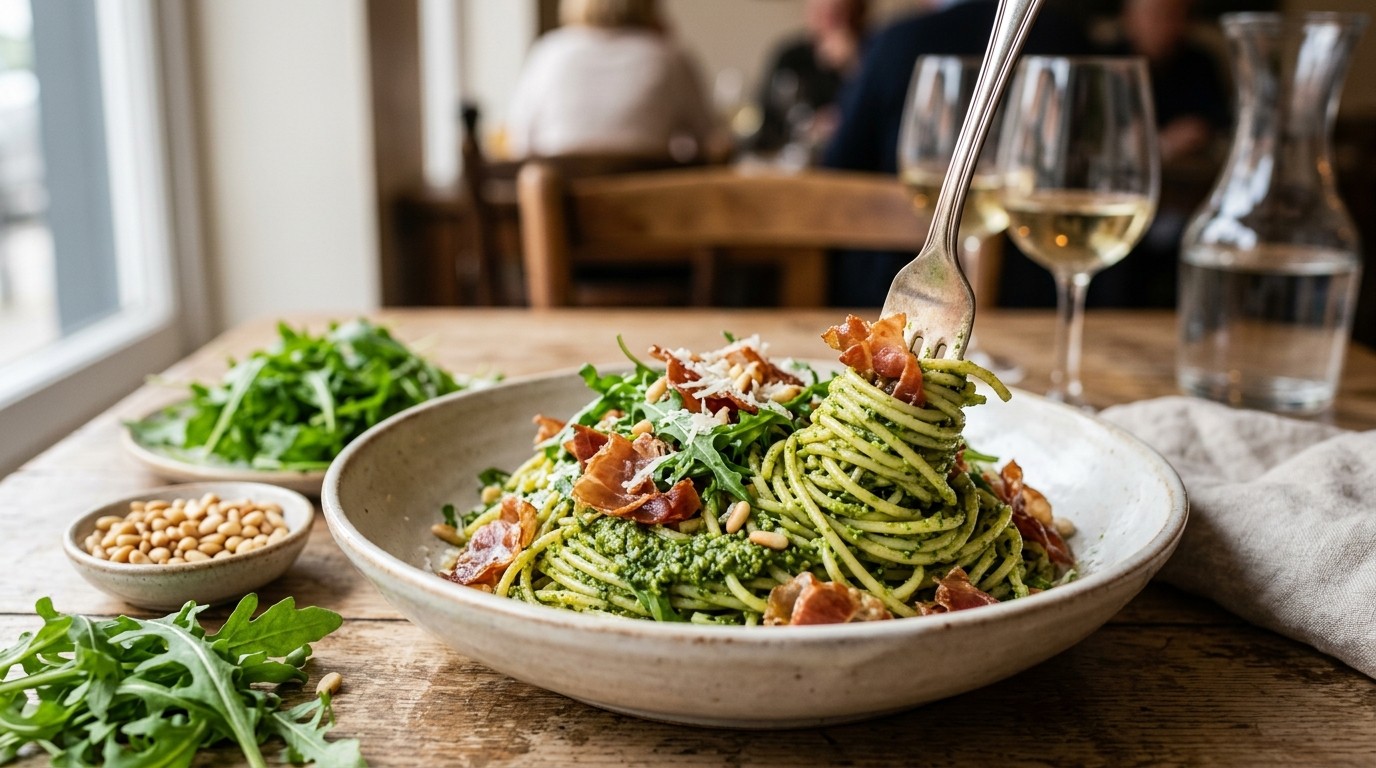 Pestospaghetti met Rucula en Krokante ham recept Pestospaghetti met Rucula en Krokante ham recept