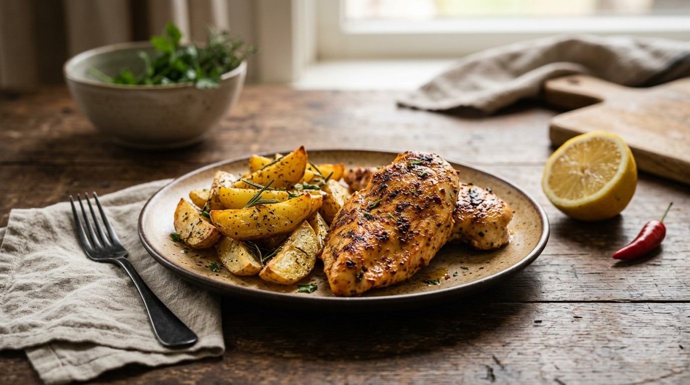 Pikante Kipfilet met Gebakken Aardappelen recept Pikante Kipfilet met Gebakken Aardappelen recept