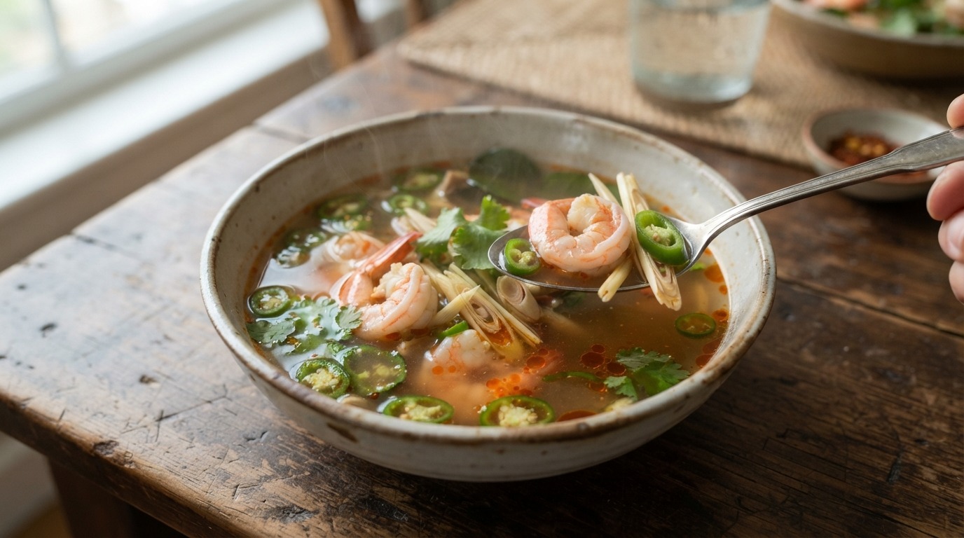 Pittige Garnalensoep met Groene Chilipepers
