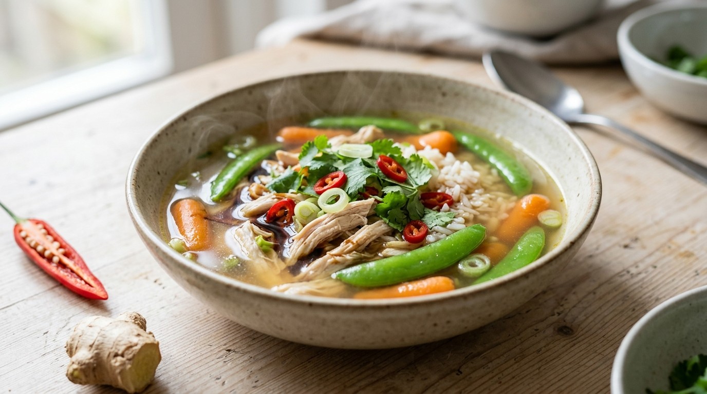 Pittige Kippensoep met Sugar Snaps