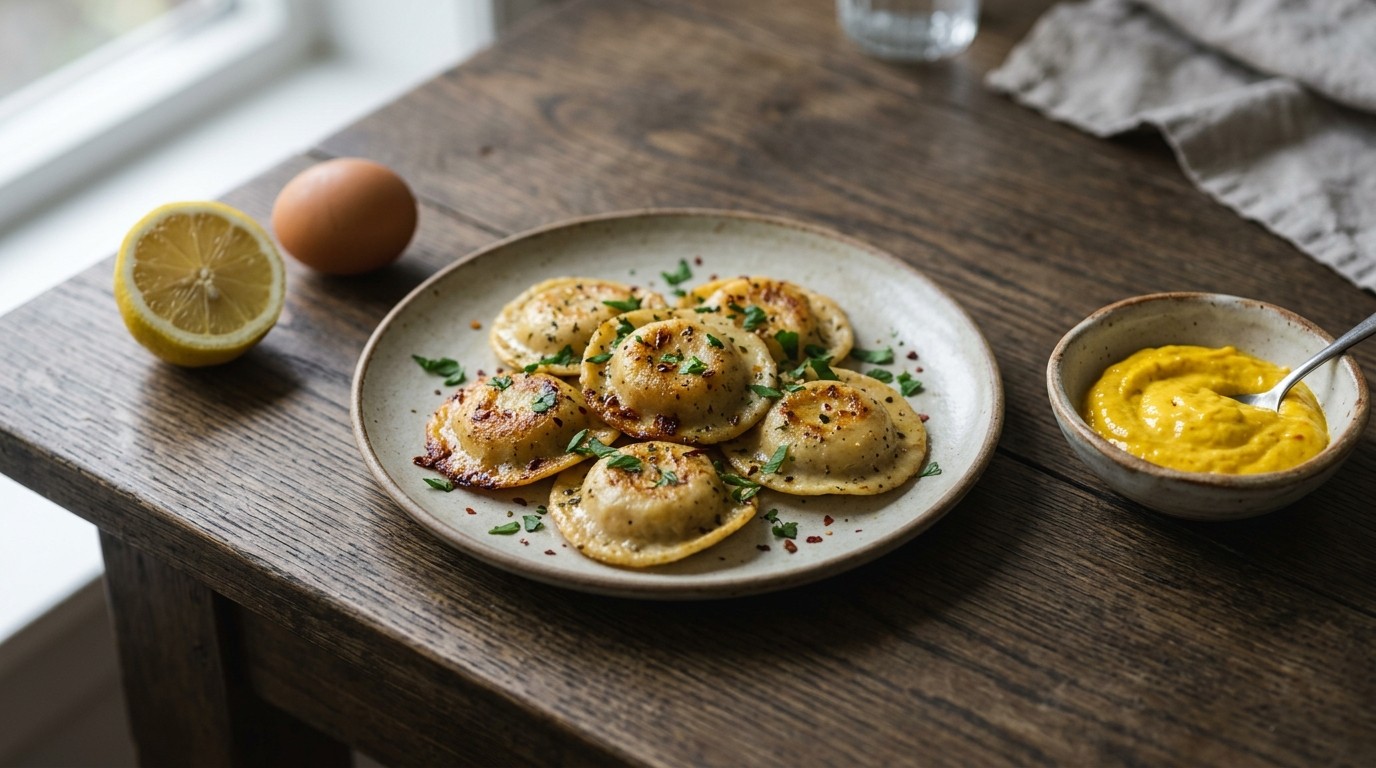 Pittige Ravioli met Gele Paprikamayonaise recept Pittige Ravioli met Gele Paprikamayonaise recept