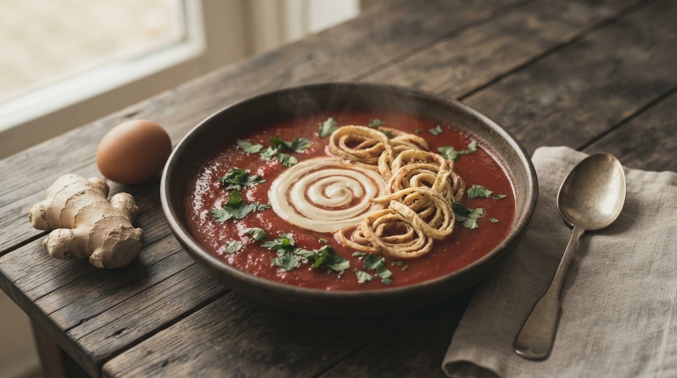 Pittige Tomatensoep met Gemberroom en Omeletreepjes