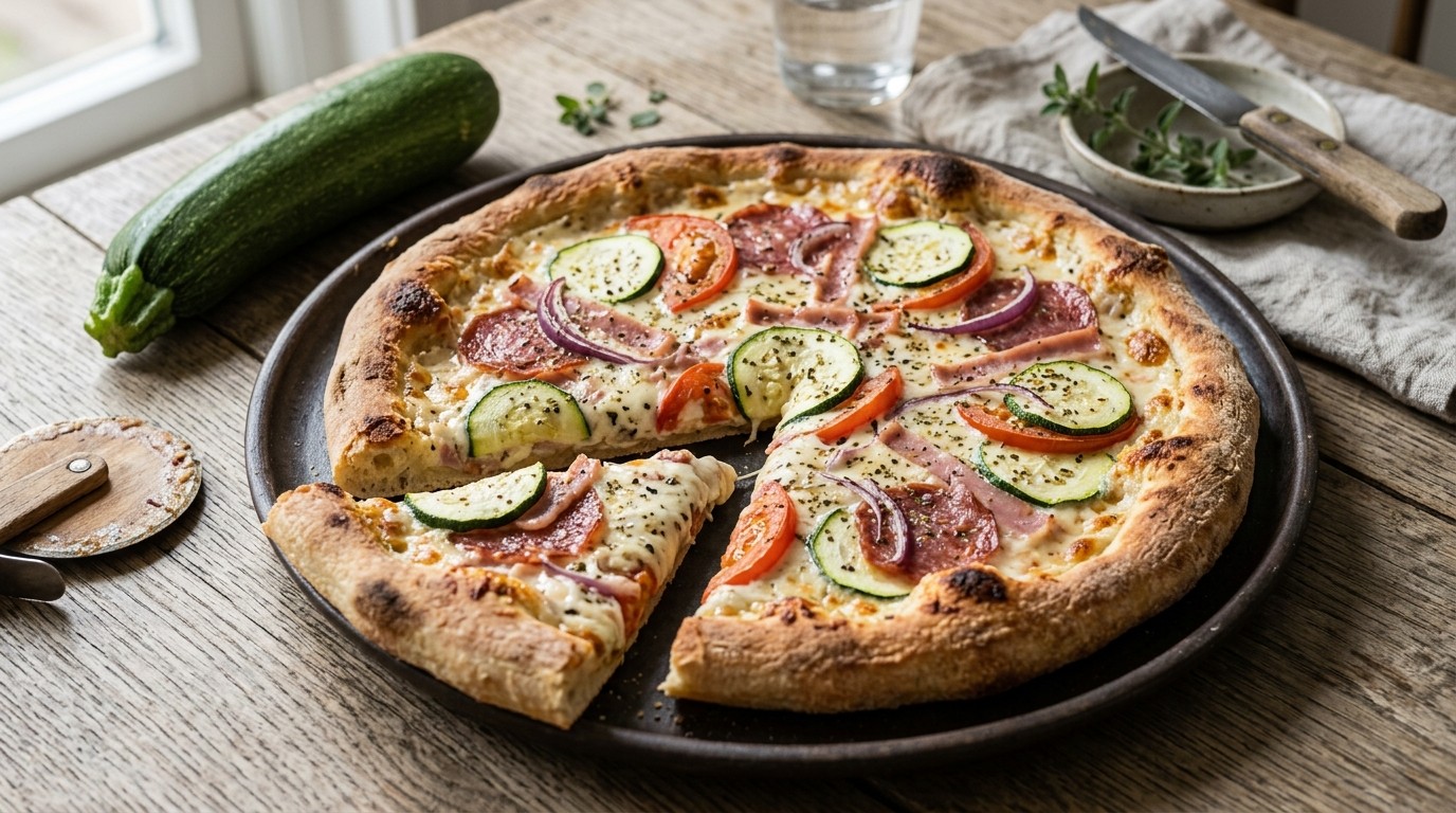 Pizza met Courgette, Salami en Ham-kaassaus