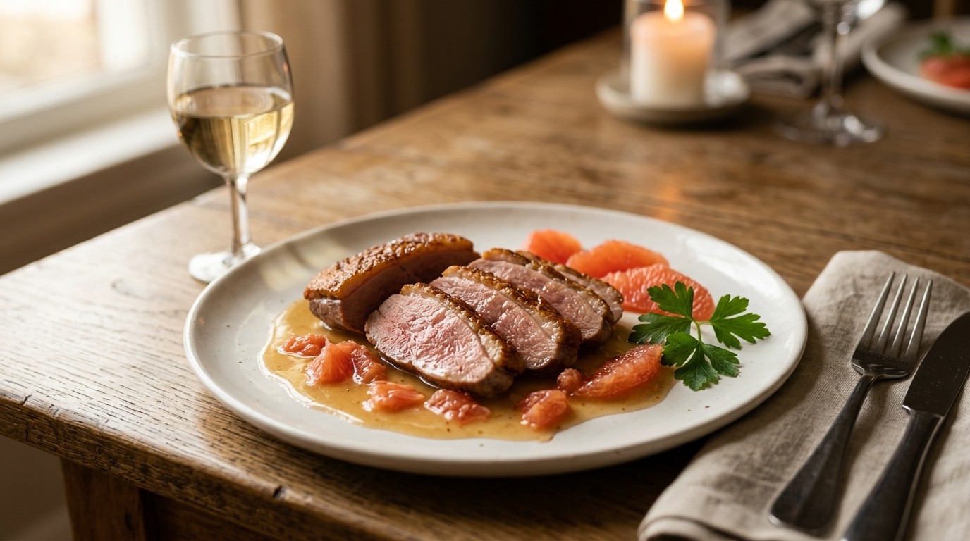 Pluivee Eend in Saus met Pompelmoes