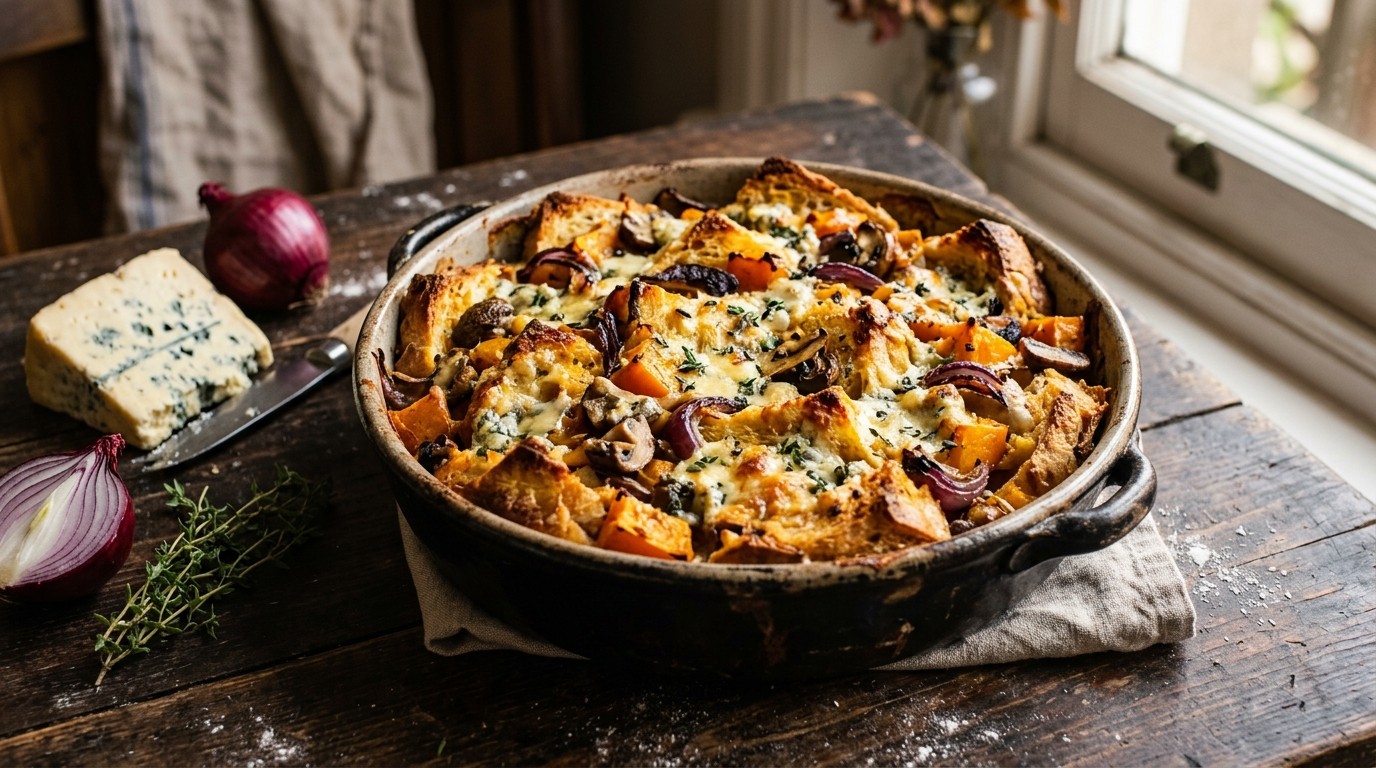 Pompoen-broodschotel met Blauwaderkaas recept Pompoen-broodschotel met Blauwaderkaas recept