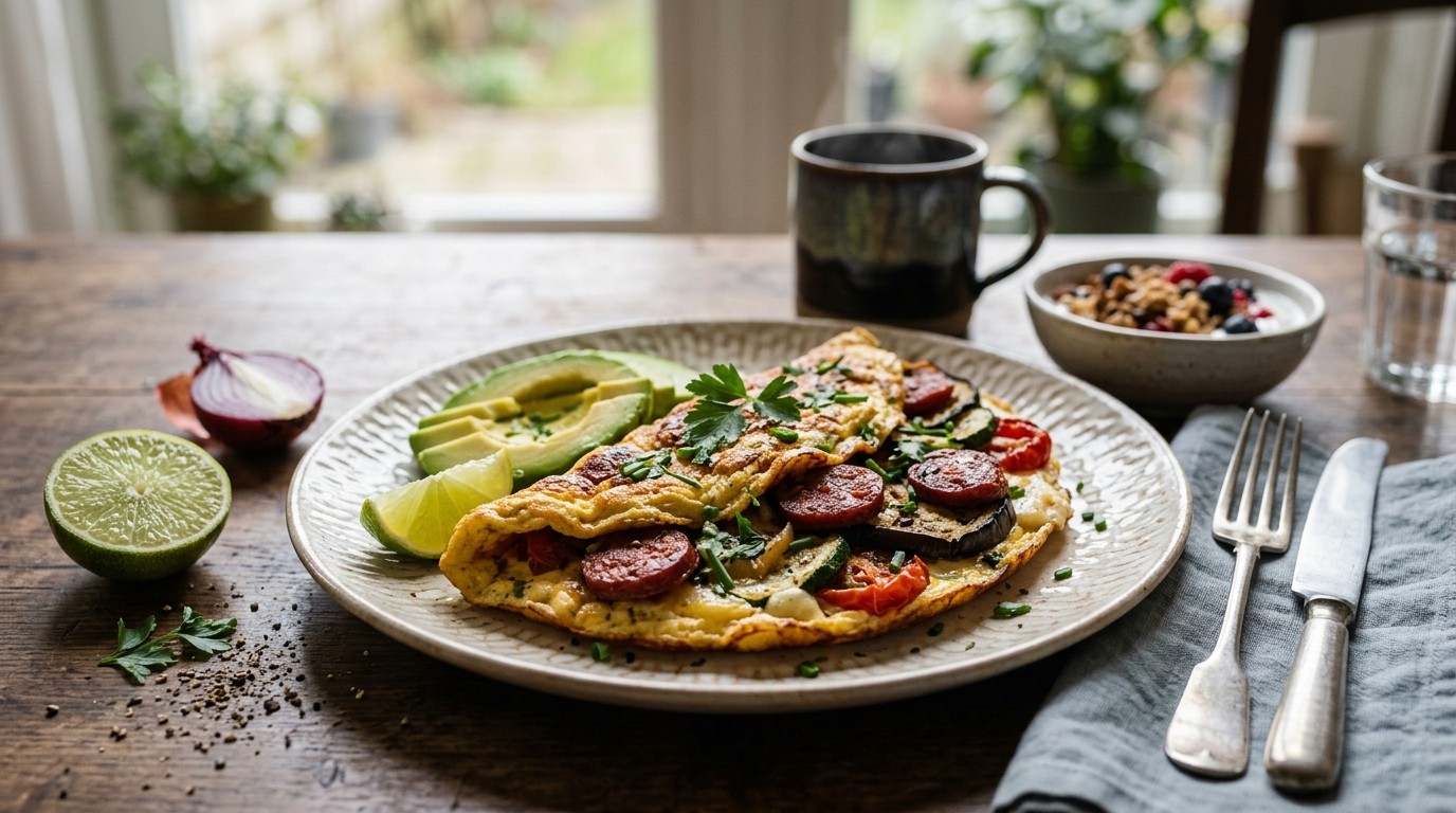 Powerbreakfast Gegrilde Groente en Omelet met Pittige Chorizo