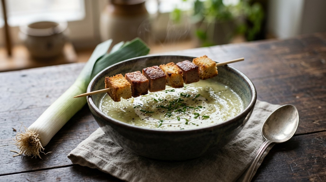 Prei-crèmesoep met Spiesjes Croutons en Leverkaas