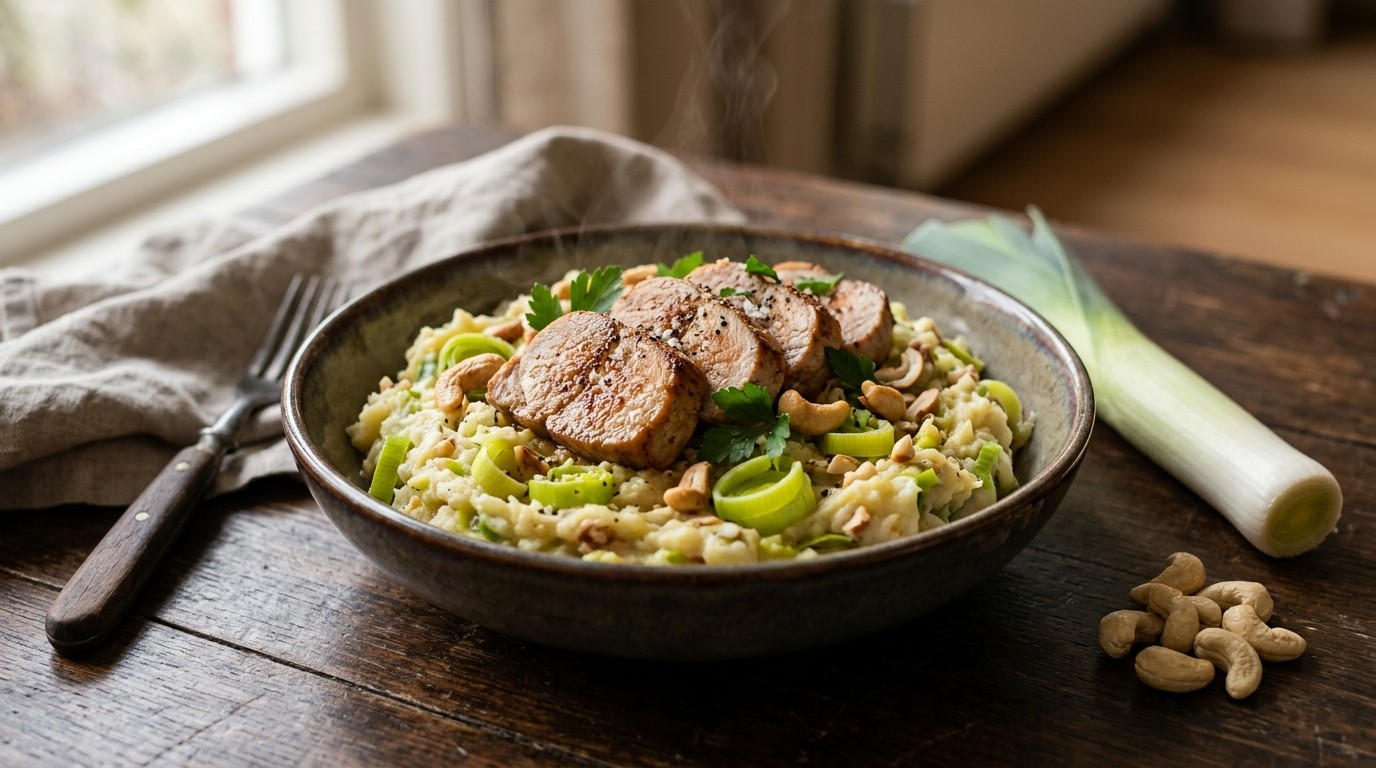 Prei-notenstamppot met Varkensfilet