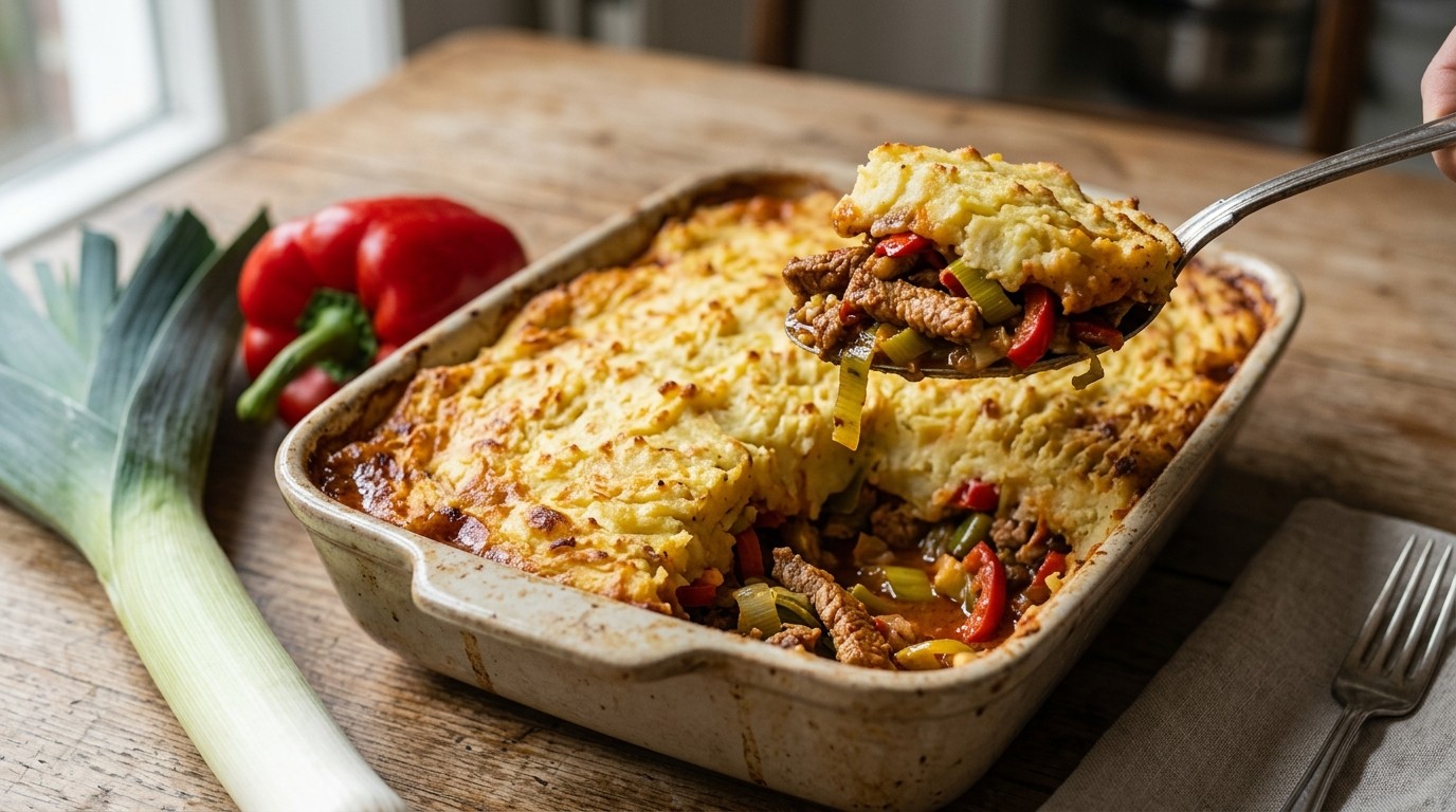 Prei-paprikaschotel met Vleesreepjes en Aardappelpuree