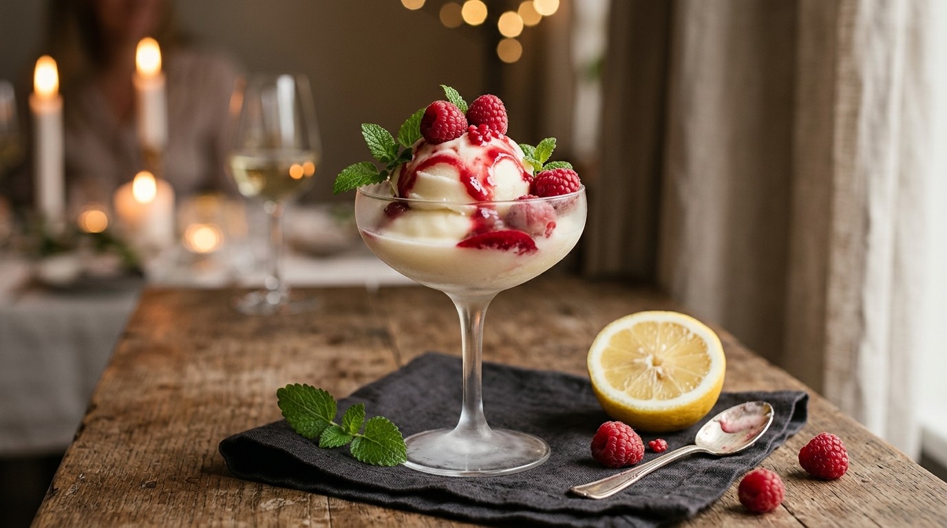 Proseccosorbet met Frambozensaus