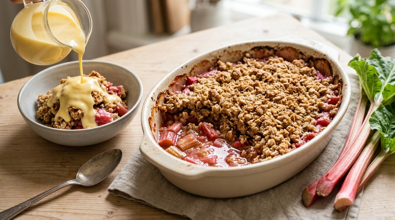 Rabarbercrumble met Vanillesaus