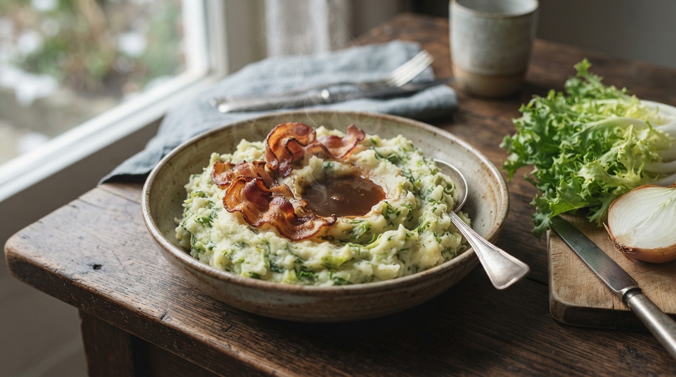 Rauwe Andijviestamppot met Knapperig Ontbijtspek recept Rauwe Andijviestamppot met Knapperig Ontbijtspek recept