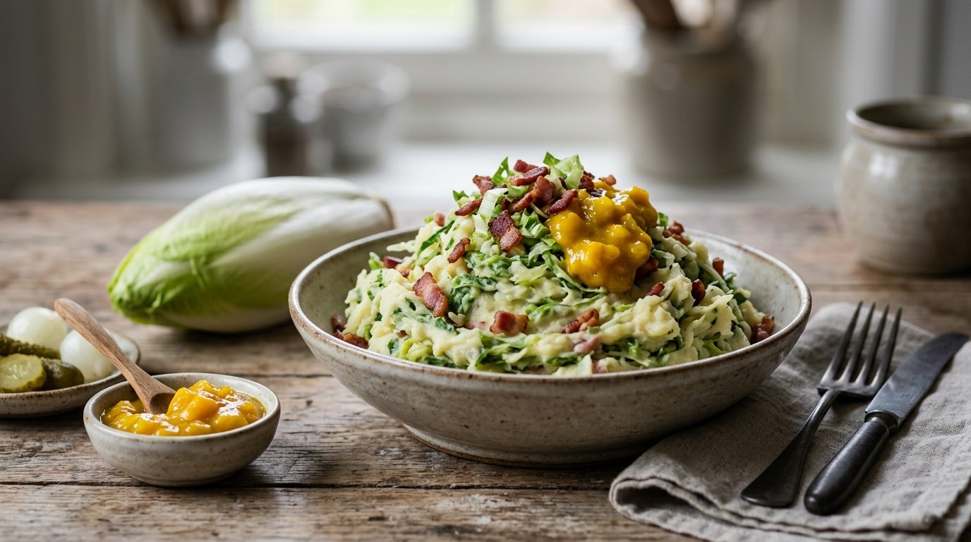 Rauwe Andijviestamppot met Piccalilly en Slasaus van Vroeger recept Rauwe Andijviestamppot met Piccalilly en Slasaus van Vroeger recept