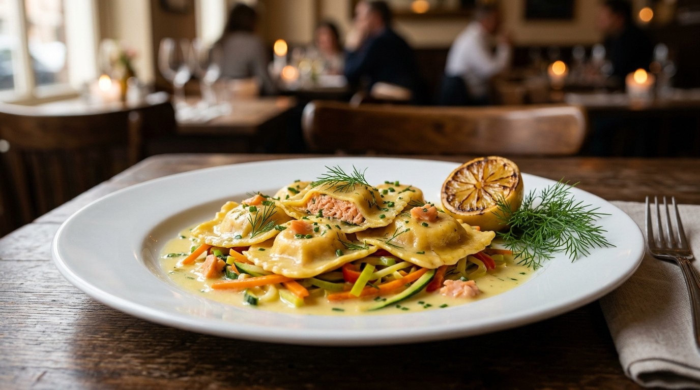 Ravioli Gevuld met een Farce van Gerookte Zalm, Juliennegroenten en Citroensaus recept Ravioli Gevuld met een Farce van Gerookte Zalm, Juliennegroenten en Citroensaus recept