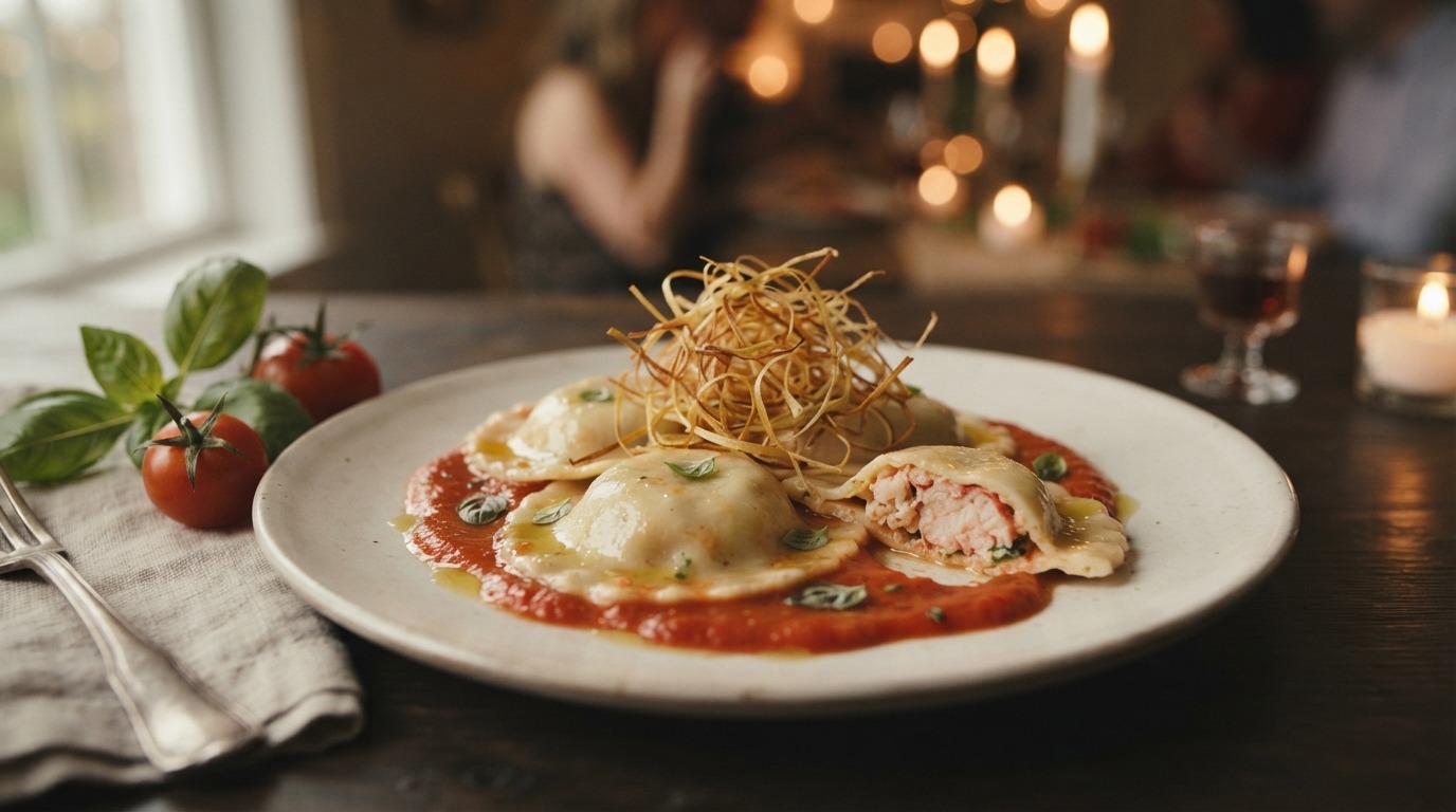 Ravioli van Kreeft met Tomatencoulis en Gefrituurde Prei
