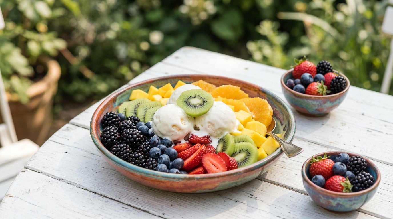 Regenboog-fruitsalade met Yoghurtijs