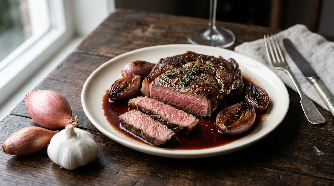 Rib-eye met Gepofte Sjalotjes