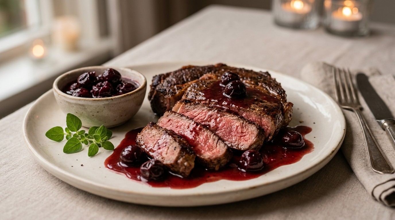 Rib-eye met Kersensaus