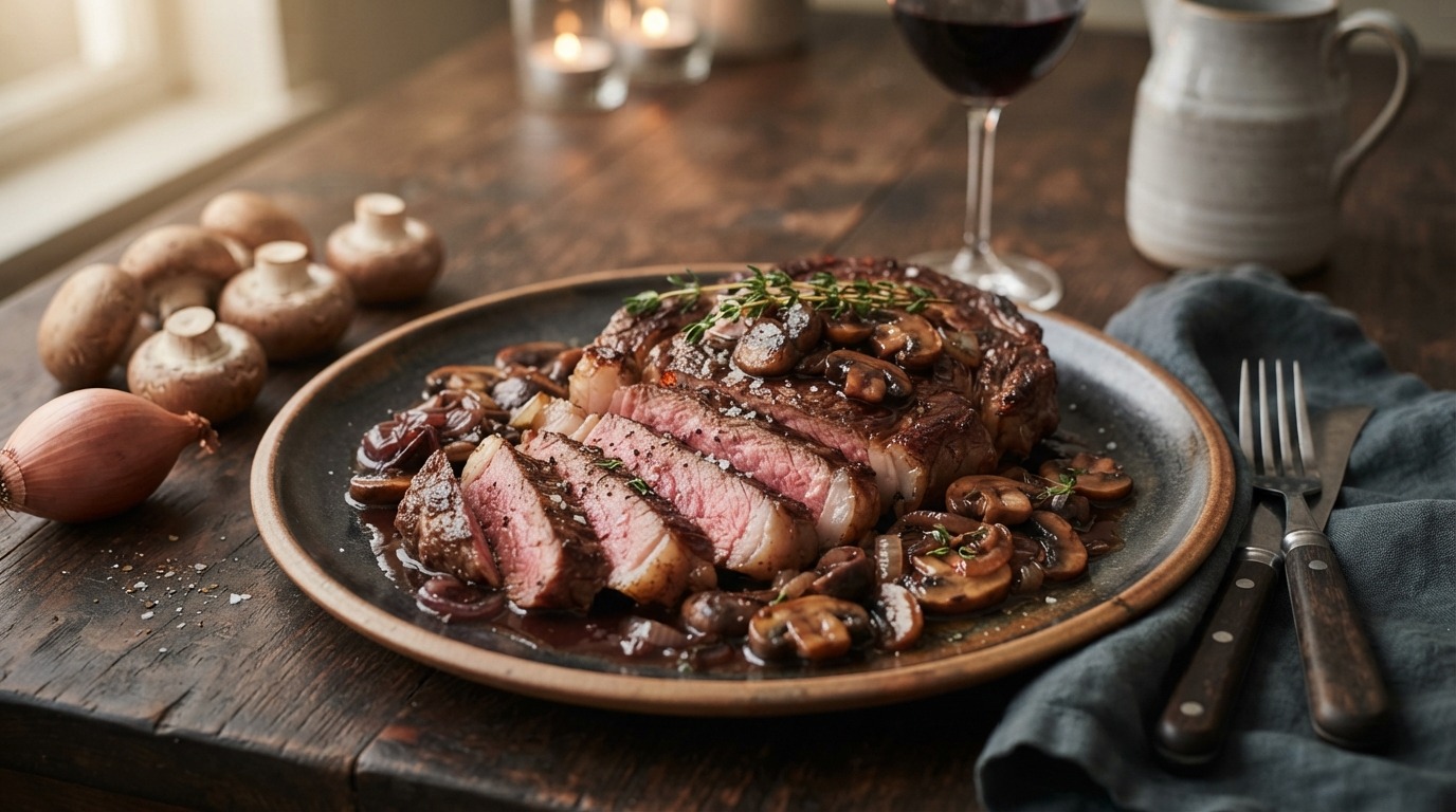 Ribeye met Kastanjechampignons en Rode Wijnsaus