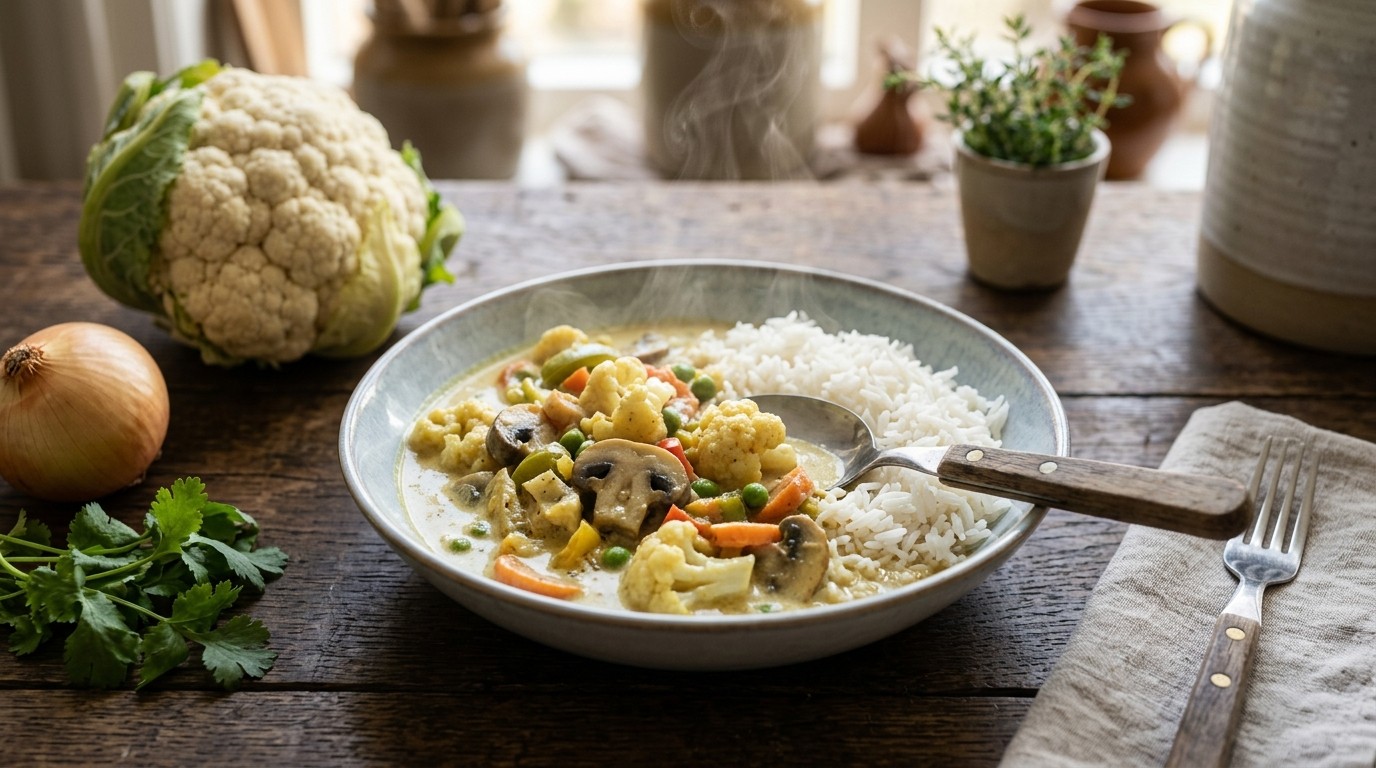 Rijst met Groentecurry in Kokos-kerriesaus