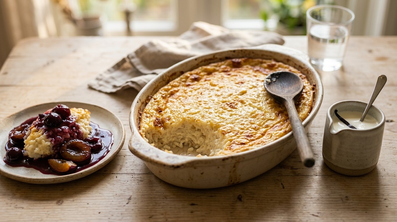 Rijstdessert uit de Oven met Pruimensaus