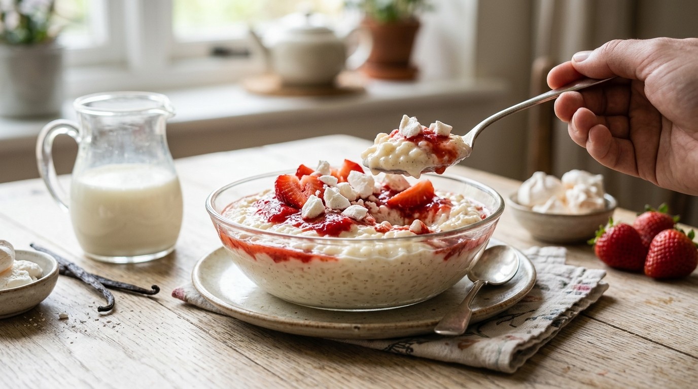 Rijstepap met Aardbeiensaus en Merengues