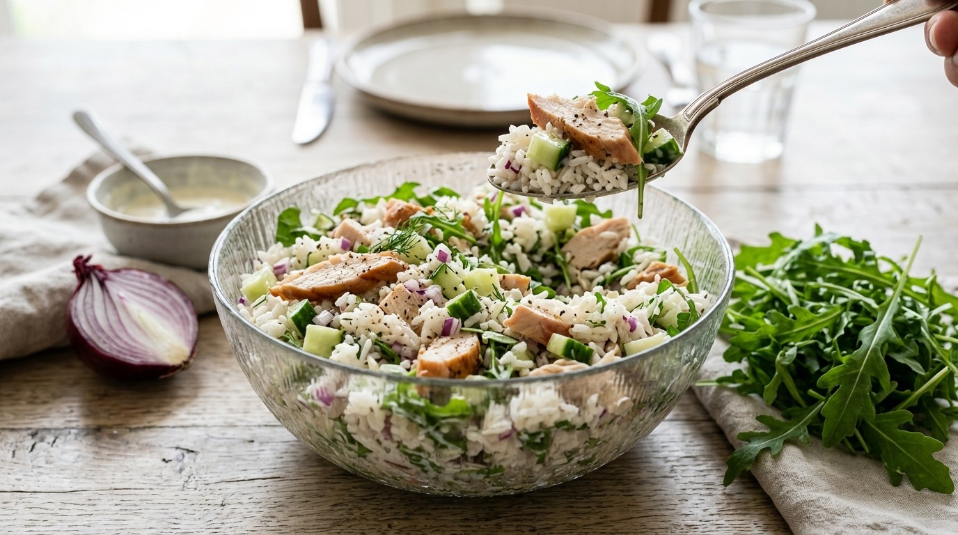 Rijstsalade met Gerookte Kip,komkommer en Crème Fraîche recept Rijstsalade met Gerookte Kip,komkommer en Crème Fraîche recept