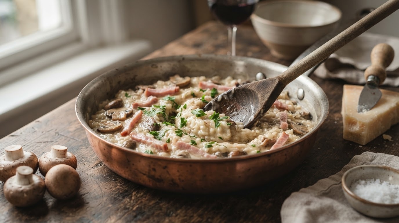 Risotto met ham en Paddestoelen