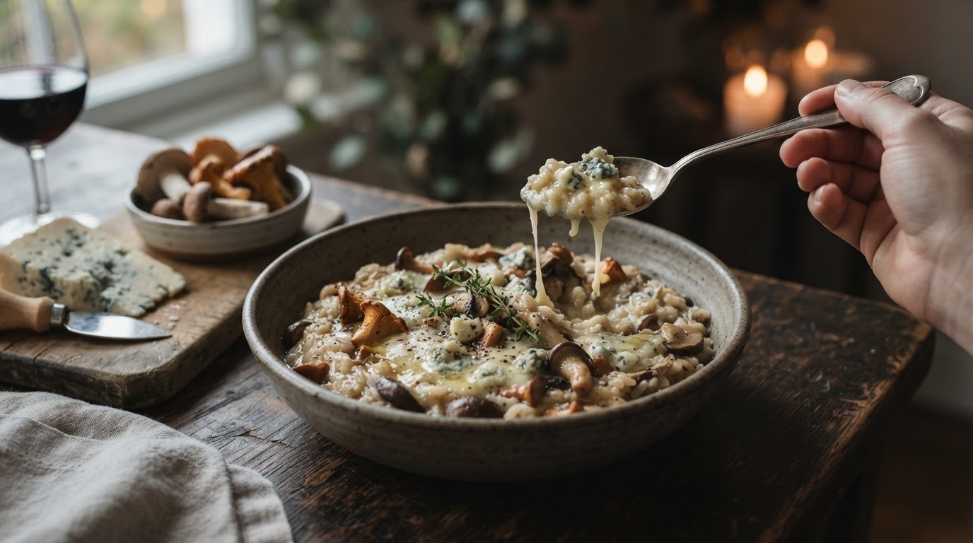 Risotto met Padestoelen en Magor Schimmelkaas