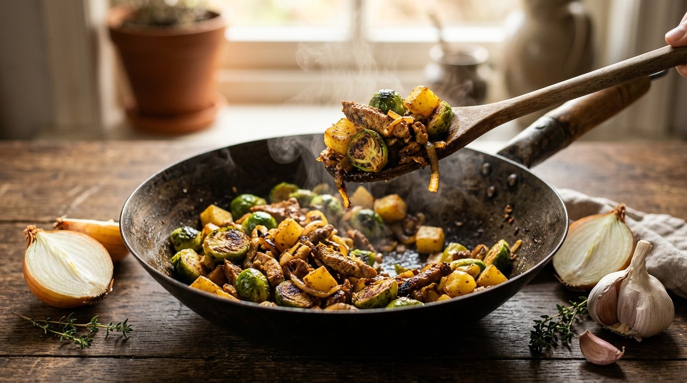 Roerbak Spruitjes met Shoarmavlees recept Roerbak Spruitjes met Shoarmavlees recept